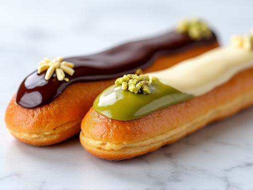 Éclairs de chocolate, pistacho y vainilla alineados.